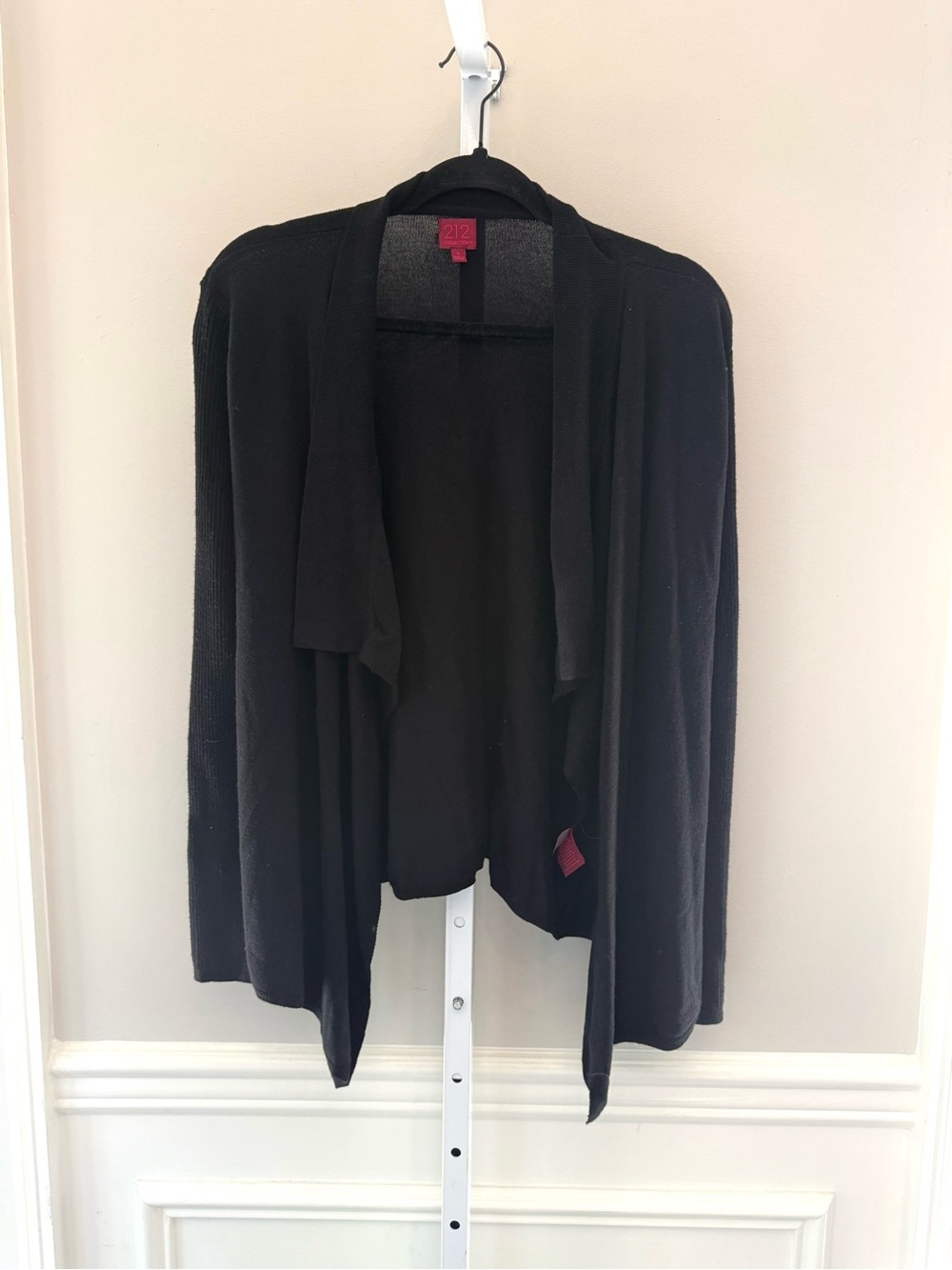 212 Black Open-Front Waterfall Cardigan Sweater Sz S Ribbed Sleeve
